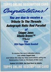 Chipper Jones #TTTA-CJ Baseball Cards 2024 Topps Tribute Threads Autograph Relic Prices