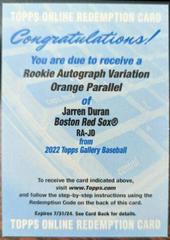 Jarren Duran [Orange] #RA-JD Baseball Cards 2022 Topps Gallery Rookie Autographs Prices