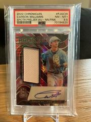 Carson Williams [Neon Pink] Baseball Cards 2022 Panini Chronicles Spectra Prospect Jersey Autographs Prices