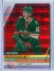 Matt Boldy [Red] #RJ-1 Hockey Cards 2022 Upper Deck Synergy Rookie Journey Home Prices