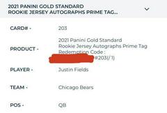 Justin Fields [Rookie Jersey Autograph Prime] #203 Football Cards 2021 Panini Gold Standard Prices