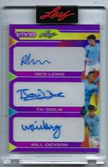 Rico Lewis , Tai Sodje , Will Dickson [Purple] #TA-12 Soccer Cards 2022 Leaf Vivid Triple Autographs Prices