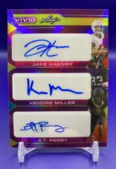 Jake Haener, Kendre Miller, A. T. Perry [Prismatic Purple] #CT-8 Football Cards 2023 Leaf Vivid Autographs Colorful Trios Prices