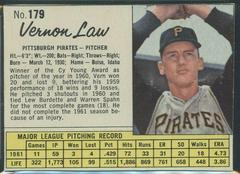 Vernon Law [Hand Cut] #179 Baseball Cards 1962 Jell O Prices