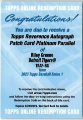 Riley Greene [Platinum] #TRAP-RG Baseball Cards 2023 Topps Series 1 Reverence Autograph Patch Prices