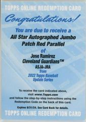 Jose Ramirez [Red] #ASJA-JRA Baseball Cards 2022 Topps Update All Star Stitches Jumbo Patch Autographs Prices