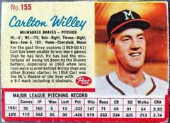 Carlton Willey [Hand Cut] #155 Baseball Cards 1962 Post Cereal Prices