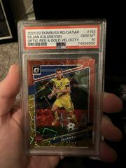 Dejan Kulusevski [Optic Red and Gold Velocity] #153 Soccer Cards 2021 Panini Donruss Road to Qatar Prices