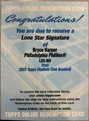 Bryce Harper Baseball Cards 2022 Stadium Club Lone Star Signatures Prices