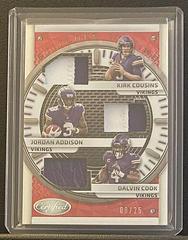 Kirk Cousins, Dalvin Cook, Jordan Addison [Red] #SITT-10 Football Cards 2023 Panini Certified Stitches in Time Triple Mirror Prices