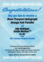 Julio Rodriguez [Orange] #PA-JRZ Baseball Cards 2021 Bowman Inception Autographs Prices