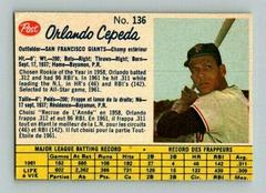 Orlando Cepeda [Hand Cut] #136 Baseball Cards 1962 Post Canadian Prices