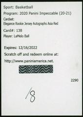 LaMelo Ball [Jersey Autograph Asia Red] #138 Basketball Cards 2020 Panini Impeccable Prices