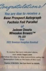 Jackson Chourio [Fuchsia] #PA-JCO Baseball Cards 2022 Bowman Inception Prospect Autographs Prices