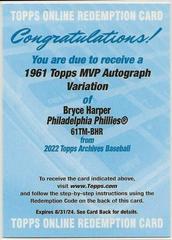 Bryce Harper #61TM-BHR Baseball Cards 2022 Topps Archives 1961 MVP Autographs Prices