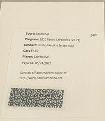 LaMelo Ball Basketball Cards 2020 Panini Chronicles Limited Rookie Jersey Autographs Prices