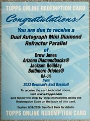 Druw Jones, Jackson Holliday [Mini Diamond] #DA-JH Baseball Cards 2023 Bowman's Best Dual Autographs Prices
