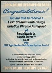 Ronald Acuna Jr. #SCCUA-RA Baseball Cards 2022 Stadium Club Chrome Autographs Prices