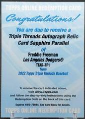 Freddie Freeman [Sapphire] #TTAR-FF1 Baseball Cards 2022 Topps Triple Threads Autograph Relic Prices