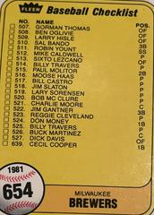 Checklist 507-550 [514 Billy Travers] #654 Baseball Cards 1981 Fleer Prices