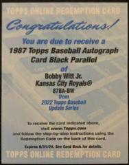 Bobby Witt Jr. [Black] #87BA-BW Baseball Cards 2022 Topps Update 1987 Autographs Prices