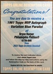 Bryce Harper [Blue] #61TM-BHR Baseball Cards 2022 Topps Archives 1961 MVP Autographs Prices