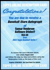 Gunnar Henderson #BSA-GH Baseball Cards 2023 Topps Series 1 Stars Autographs Prices