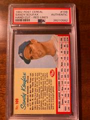 Sandy Koufax [Hand Cut Red Lines] #109 Baseball Cards 1962 Post Cereal Prices