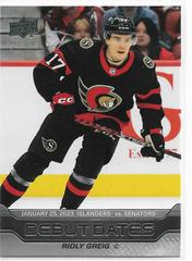Ridly Greig #DD-10 Hockey Cards 2023 Upper Deck Debut Dates Prices