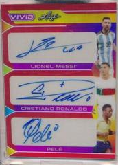 Lionel Messi , Cristiano Ronaldo , Pele [Red] #TA-16 Soccer Cards 2022 Leaf Vivid Triple Autographs Prices