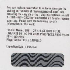 Cole Caufield [Sapphire Autograph] Hockey Cards 2021 Skybox Metal Universe Premium Prospects Prices