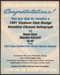 Nolan Ryan Baseball Cards 2022 Stadium Club Chrome 1991 Design Variation Autographs Prices