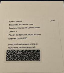 Jordan Addison, Jayden Reed #FICS-7 Football Cards 2023 Panini Legacy Futures Ink Combos Autographs Prices