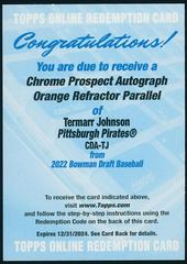 Termarr Johnson [Orange] #CDA-TJ Baseball Cards 2022 Bowman Draft Chrome Autographs Prices
