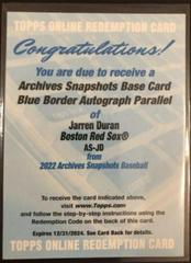 Jarren Duran [Blue] #AS-JD Baseball Cards 2022 Topps Archives Snapshots Autographs Prices