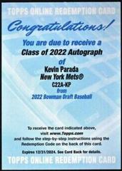Kevin Parada #C22A-KP Baseball Cards 2022 Bowman Draft Class of Autographs Prices