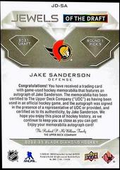 Jake Sanderson [Pure Black Autograph] #BDB-SJ Hockey Cards 2022 Upper Deck Black Diamond Prices