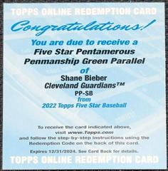 Shane Bieber [Green] #PP-SB Baseball Cards 2022 Topps Five Star Pentamerous Penmanship Autographs Prices