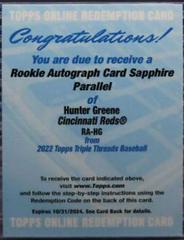 Hunter Greene [Sapphire] #RA-HG Baseball Cards 2022 Topps Triple Threads Rookie Autographs Prices