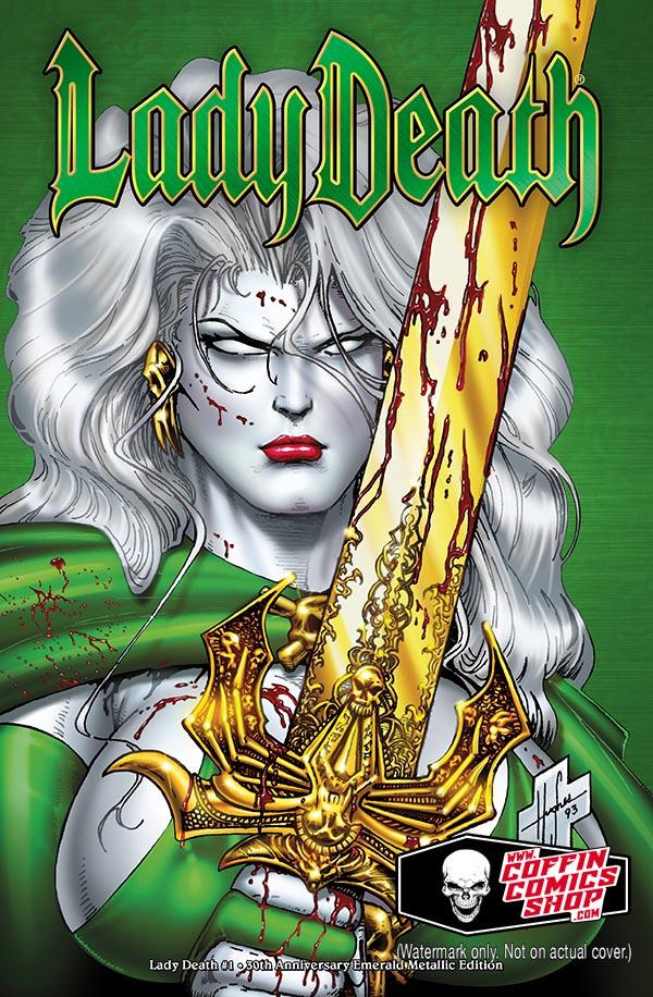 Lady Death: The Reckoning 30th Anniversary Edition [Hughes Emerald Metal] #1 (2024) Comic Books Lady Death: The Reckoning