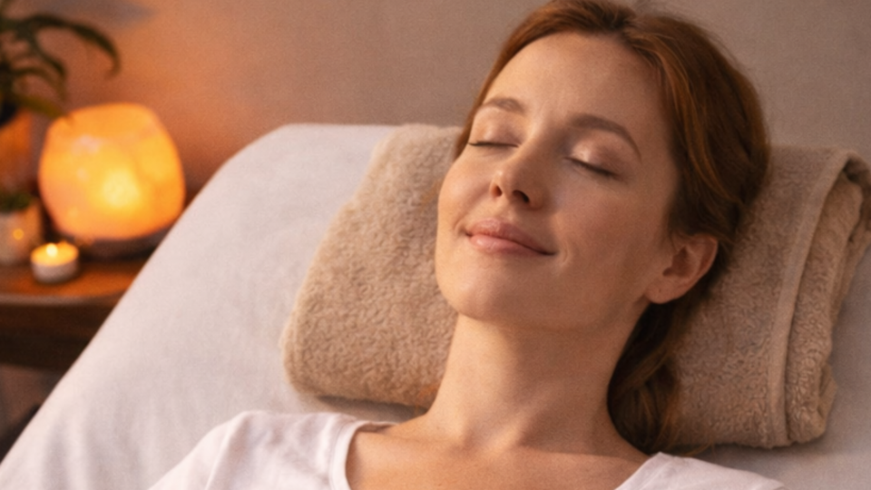 Chakra balancing on heated 7-gem Phymat on massage table or in semi-reclining chair with grounding mat
